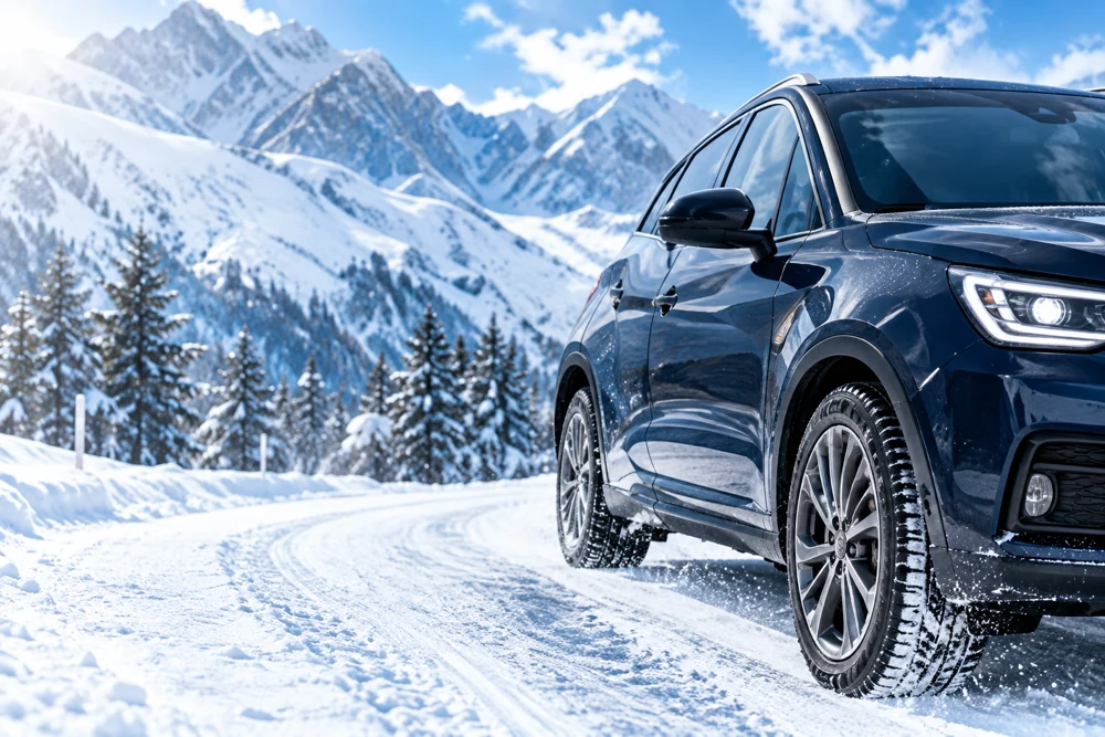 雪道を走るスタッドレスタイヤ装着車